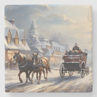 Christmas Horse-Drawn Carriage Street Stone Coaster