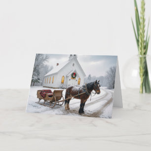 Christmas Horse-Drawn Sleigh Waiting By a Chapel Card