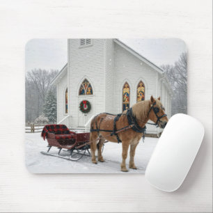 Christmas Horse-Drawn Sleigh Waiting By a Chapel Mouse Pad