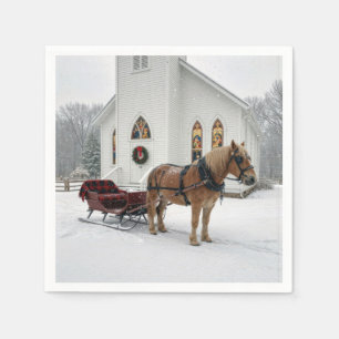Christmas Horse-Drawn Sleigh Waiting By a Chapel Napkin