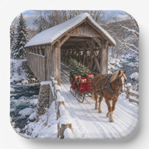 Christmas Horse-drawn Sleigh with Covered Bridge Paper Plate