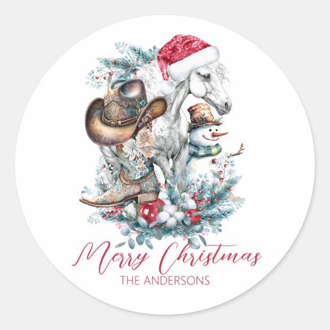 Christmas horse in Santa hat cowgirl cowboy boots  Classic Round Sticker (Front)