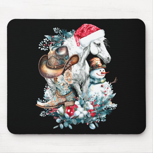 Christmas Horse In Santa Hat Cowgirl Cowboy Boots  Mouse Pad (Front)