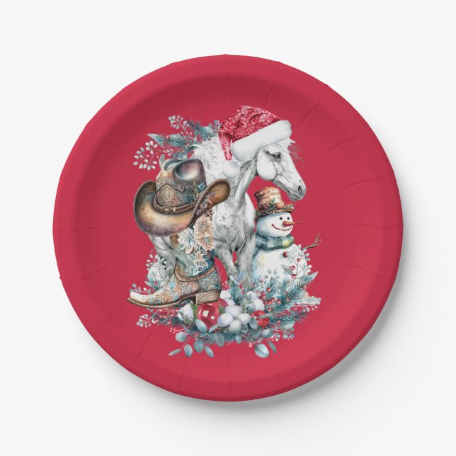 Christmas horse in Santa hat cowgirl cowboy boots  Paper Plate (Front)