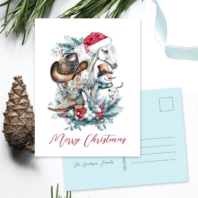 Christmas horse in Santa hat cowgirl cowboy boots  Postcard (Horse lover Christmas postcard, cowgirl, cowboy boots, cowboy hat, horse in Santa hat)