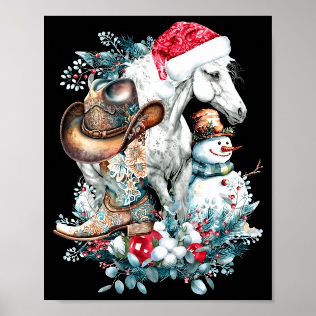 Christmas Horse In Santa Hat Cowgirl Cowboy Boots  Poster (Front)