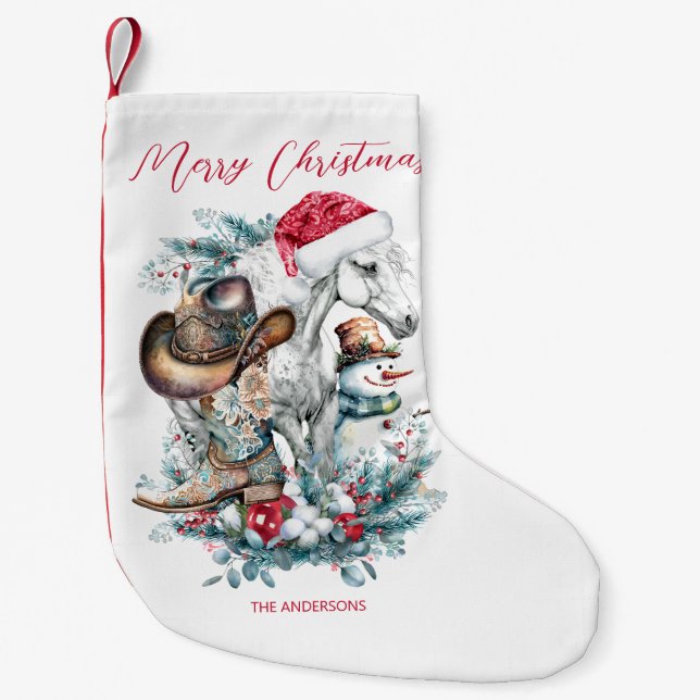 Christmas horse in Santa hat cowgirl cowboy boots  Small Christmas Stocking (Front)