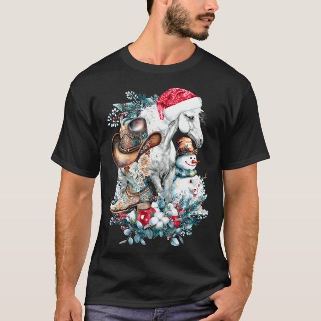 Christmas Horse In Santa Hat Cowgirl Cowboy Boots  T-Shirt (Front)