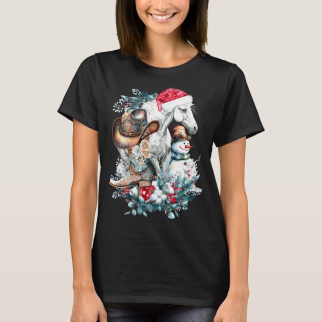 Christmas Horse In Santa Hat Cowgirl Cowboy Boots  T-Shirt (Front)