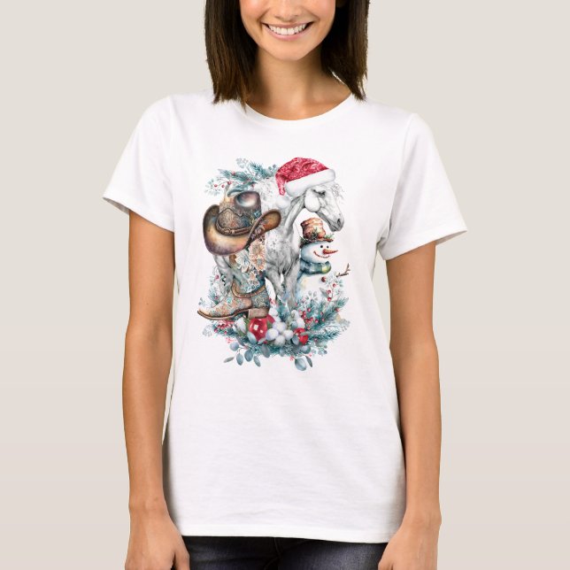 Christmas horse in Santa hat cowgirl cowboy boots  T-Shirt (Front)