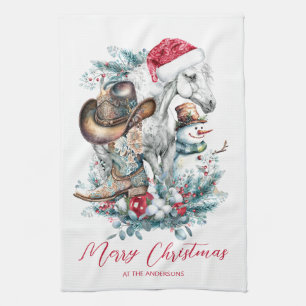 Christmas horse in Santa hat cowgirl cowboy boots Tea Towel