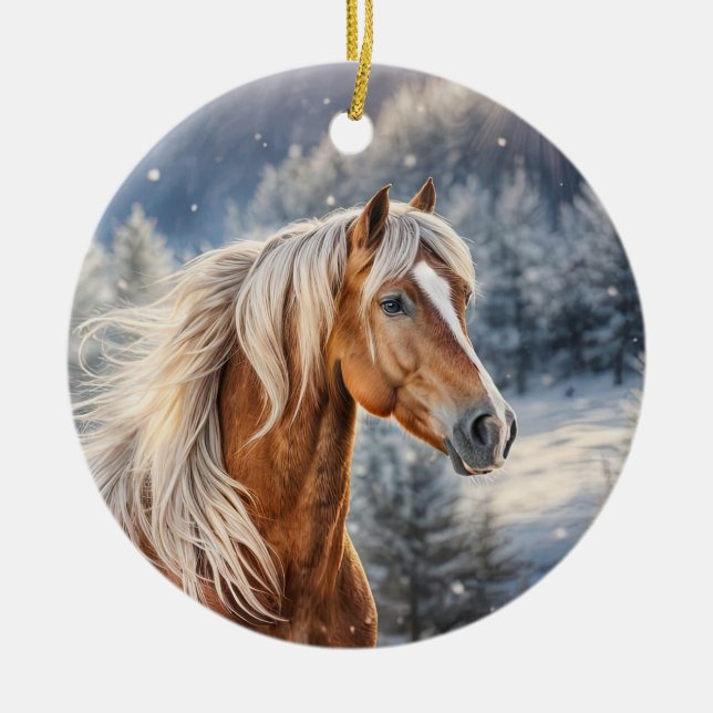 Christmas Horse in Snow Long Mane Ceramic Tree Decoration (Front)