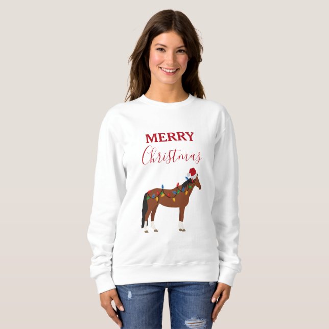 Christmas Horse Santa Hat Xmas Lights Sweatshirt (Front Full)