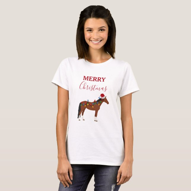 Christmas Horse Santa Hat Xmas Lights   T-Shirt (Front Full)