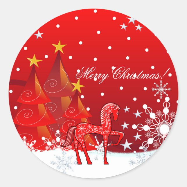 Christmas Horse, Snowflakes,Trees & custom text Classic Round Sticker (Front)