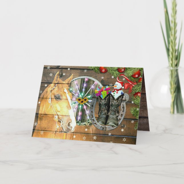 Christmas Horse Wagon Wheel Cowboy Boots Garland Holiday Card (Front)