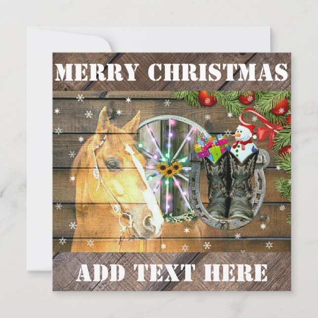Christmas Horse Wagon Wheel Cowboy Boots Garland Holiday Card (Front)