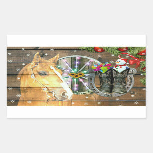 Christmas Horse Wagon Wheel Cowboy Boots Garland Rectangular Sticker
