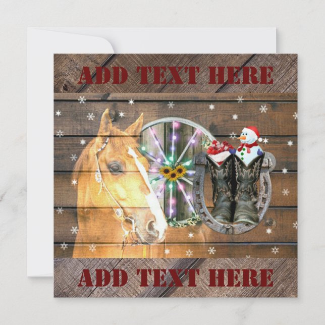 Christmas Horse Wagon Wheel Cowboy Boots Horseshoe Card (Front)