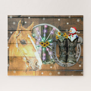 Christmas Horse Wagon Wheel Cowboy Boots Horseshoe Jigsaw Puzzle