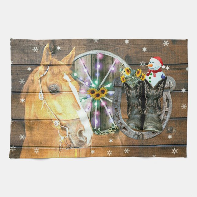 Christmas Horse Wagon Wheel Cowboy Boots Horseshoe Tea Towel (Horizontal)