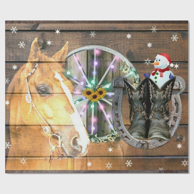 Christmas Horse Wagon Wheel Cowboy Boots Horseshoe Wrapping Paper (Flat)