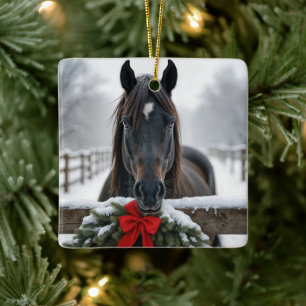 Christmas Horse With a Wreath on a Fence Ceramic Ornament