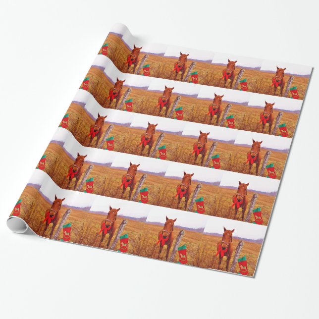 Christmas Horse with bow & stocking Wrapping Paper (Unrolled)