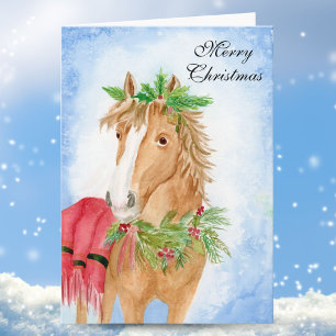 Christmas Horse with Holiday Greenery Watercolor Card