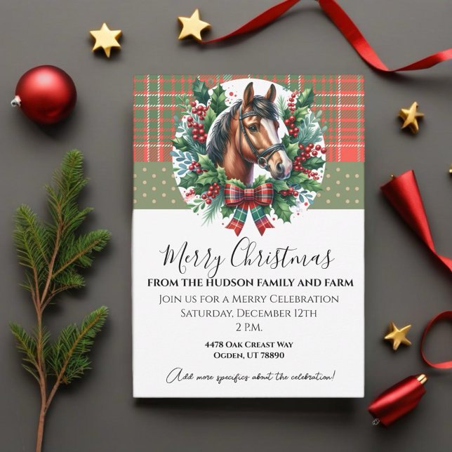 Christmas Horse With Plaid and Wreath  Invitation (Enjoy this Festive Christmas design! Customize with your favorite holiday event or greeting. )
