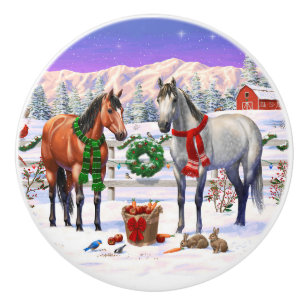 Christmas Horses in Snow Ceramic Knob
