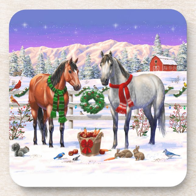 Christmas Horses in Snow Coaster (Front)