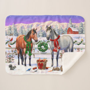 Christmas Horses in Snow Sherpa Blanket