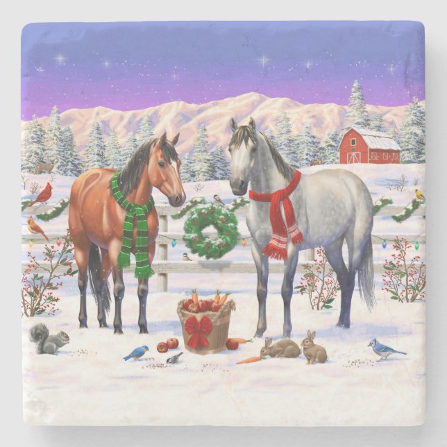 Christmas Horses in Snow Stone Coaster (Front)