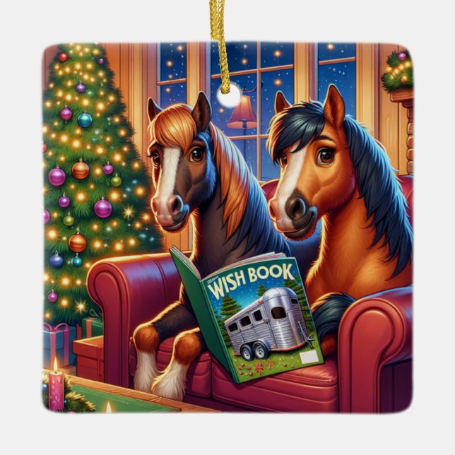 Christmas Horses On Sofa With Trailer Wish Book Ceramic Ornament (Front)
