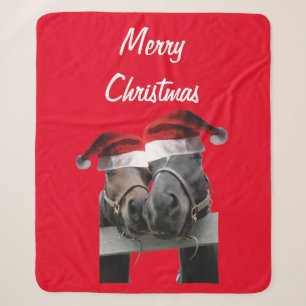 Christmas Horses wearing Santa Claus Hats Sherpa Blanket