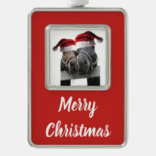 Christmas Horses wearing Santa Hats Silver Plated Framed Ornament