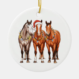 Christmas Horses Western Cowboy Santa Hat Farm Ceramic Tree Decoration