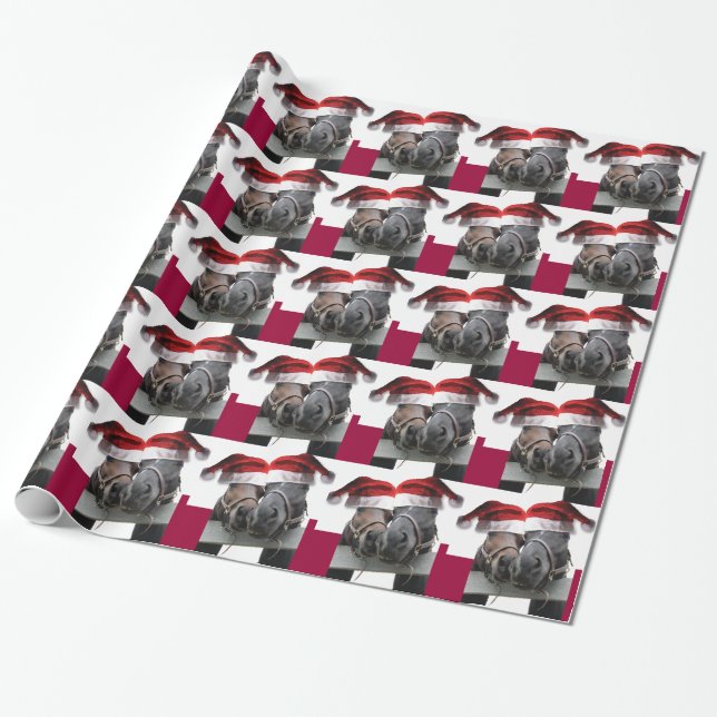 Christmas Horses with Santa Hats Wrapping Paper (Unrolled)