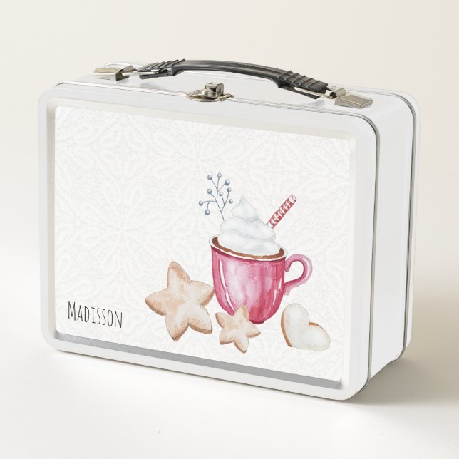 Christmas Hot Cocoa And Cookies Watercolor Metal Lunch Box (Front)