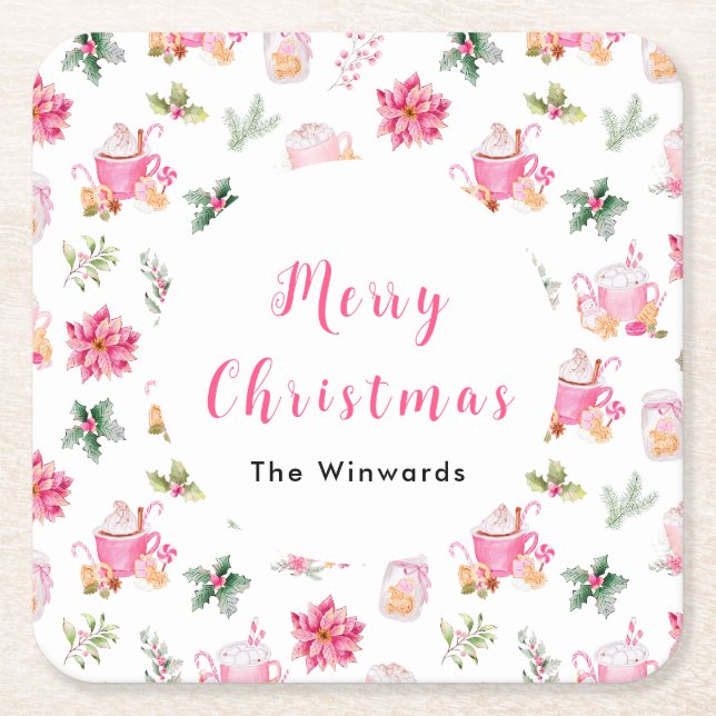 Christmas Hot Cocoa and Pink Poinsettias Square Paper Coaster (Front)