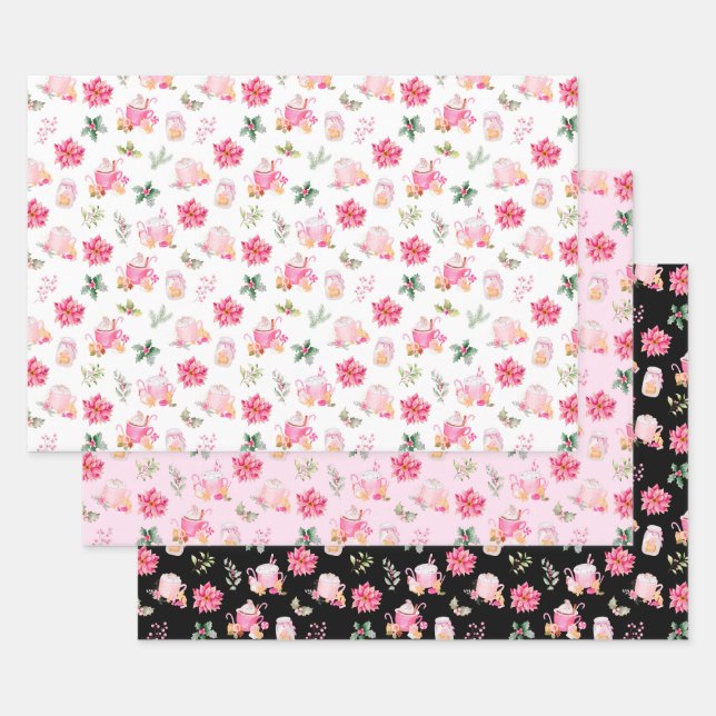 Christmas Hot Cocoa and Pink Poinsettias Wrapping Paper Sheet (Set)