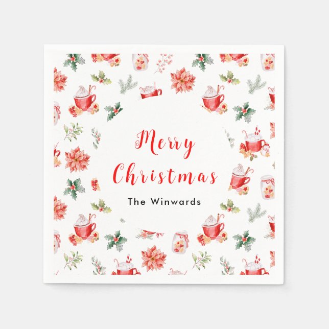 Christmas Hot Cocoa and Red Poinsettias Napkin (Front)