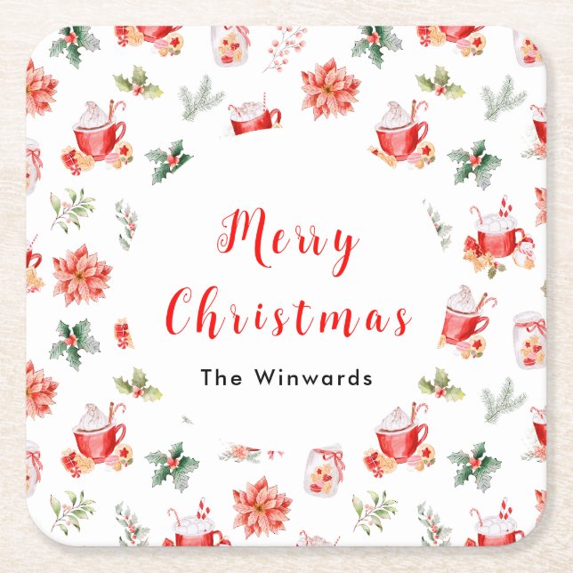 Christmas Hot Cocoa and Red Poinsettias Square Paper Coaster (Front)