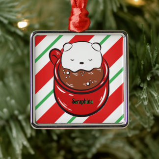 Christmas Hot Cocoa Bear Candy Cane Stripes Name Metal Tree Decoration