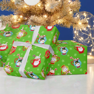 Christmas Hot Cocoa Pattern on Green Wrapping Paper