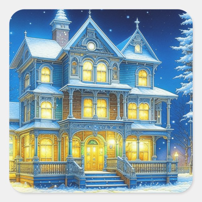 Christmas House on a Snowy Night Holiday Square Sticker (Front)