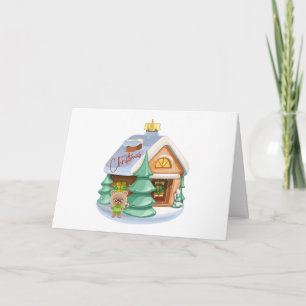Christmas House Ornament and Cute Teddy Bear  Card