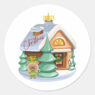Christmas House Ornament and Cute Teddy Bear Classic Round Sticker