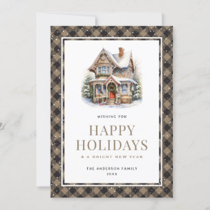 Christmas House Plaid Snowy Happy Holidays Card